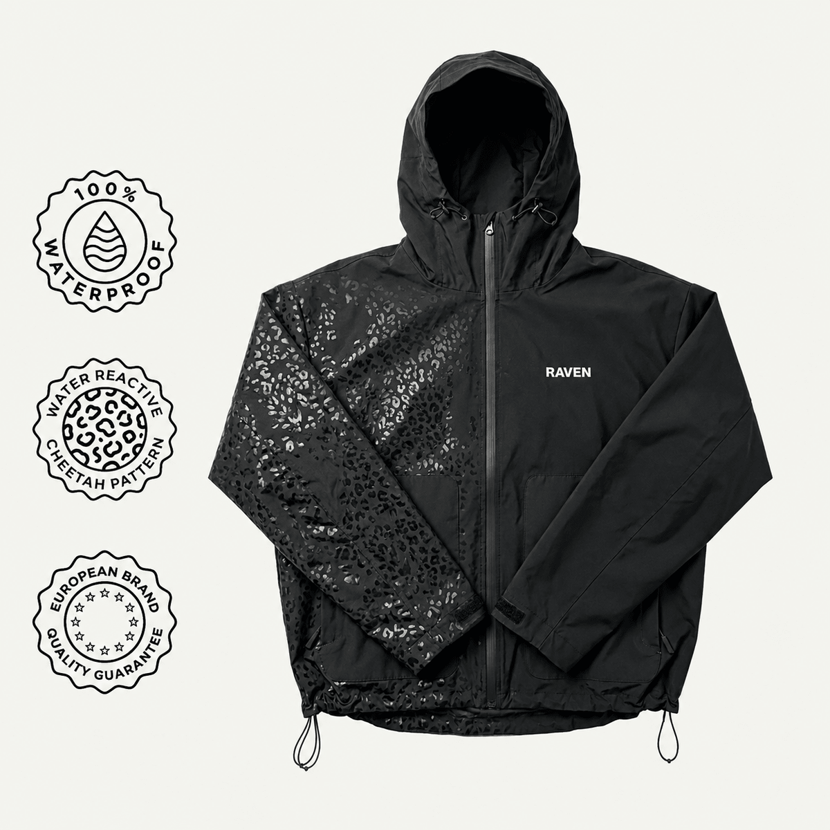 Water Reactive Cheetah Rain Jacket - Black